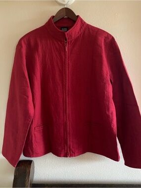 Eileen Fisher Red Cotton Quilt Zip Mandarin Collar Jacket